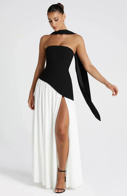 Elegant Maxi Dress for Women with Strapless High Slit Draped Column Formal Wedding Guest Style