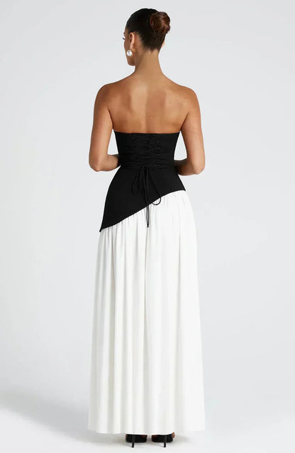 Elegant Maxi Dress for Women with Strapless High Slit Draped Column Formal Wedding Guest Style