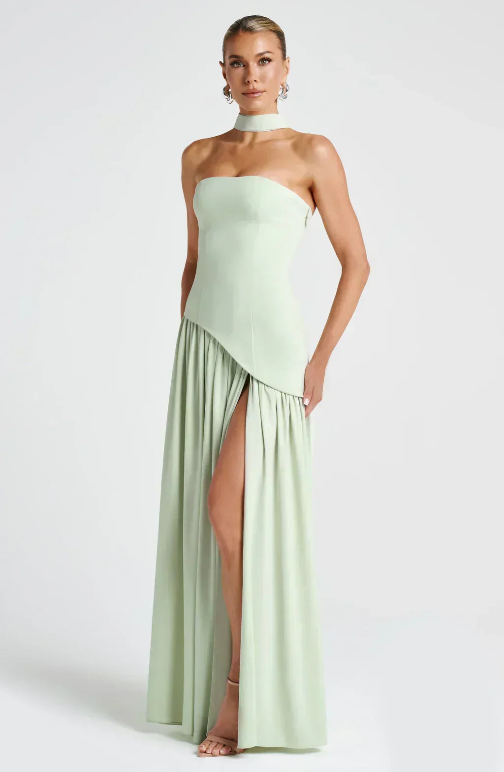 Elegant Maxi Dress for Women with Strapless High Slit Draped Column Formal Wedding Guest Style