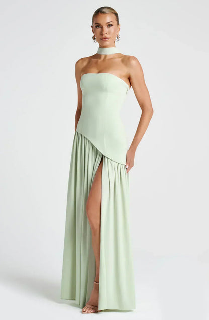 Elegant Maxi Dress for Women with Strapless High Slit Draped Column Formal Wedding Guest Style