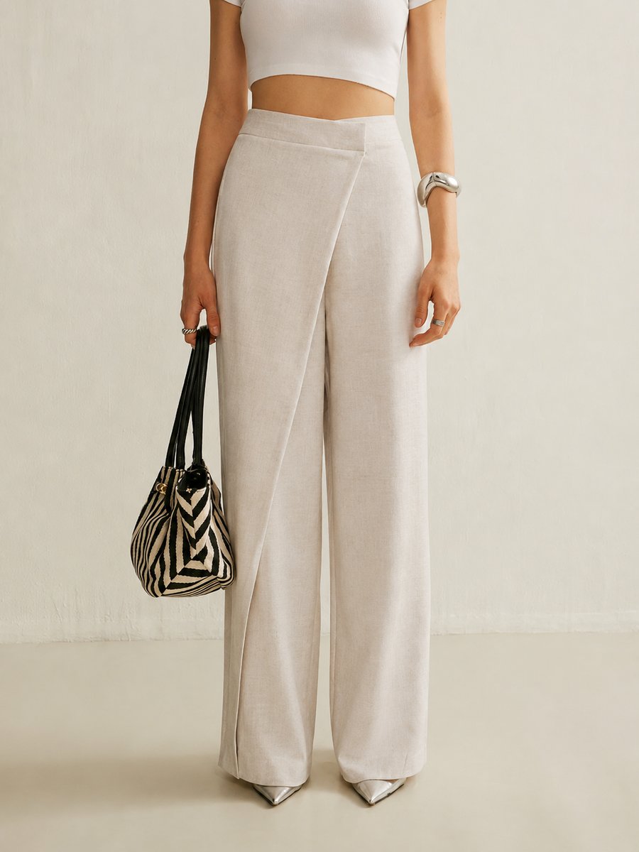 Effortless Wrap Front Wide Leg Pant for Women with High Waist Draped Panel Relaxed Style