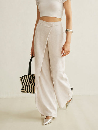 Effortless Wrap Front Wide Leg Pant for Women with High Waist Draped Panel Relaxed Style