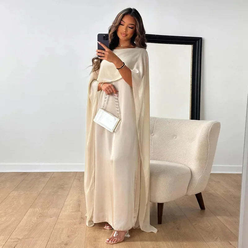 Elegant Chiffon Kaftan Maxi Dress for Women with Boat Neck Cape Sleeve Flowing Draped Style