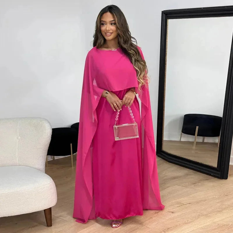 Elegant Chiffon Kaftan Maxi Dress for Women with Boat Neck Cape Sleeve Flowing Draped Style