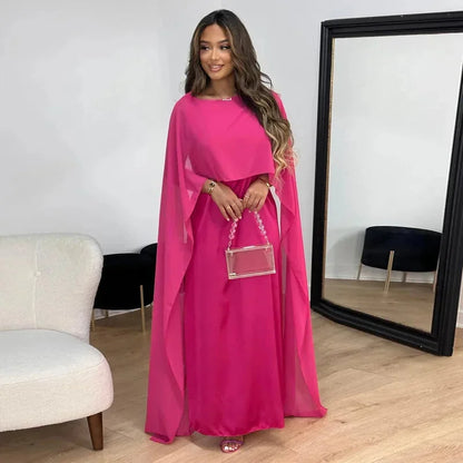 Elegant Chiffon Kaftan Maxi Dress for Women with Boat Neck Cape Sleeve Flowing Draped Style