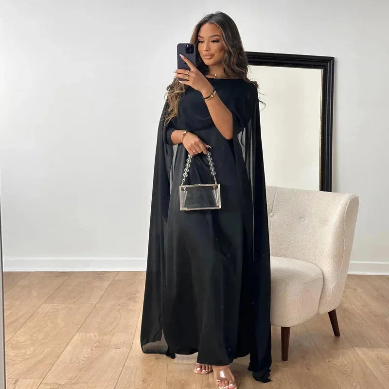 Elegant Chiffon Kaftan Maxi Dress for Women with Boat Neck Cape Sleeve Flowing Draped Style