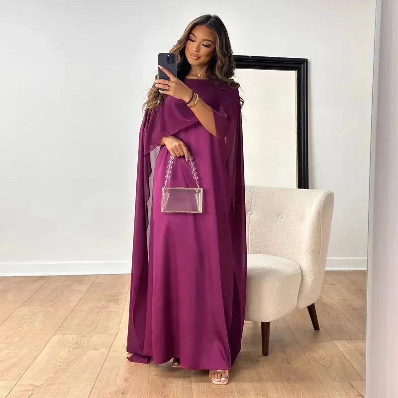 Elegant Chiffon Kaftan Maxi Dress for Women with Boat Neck Cape Sleeve Flowing Draped Style