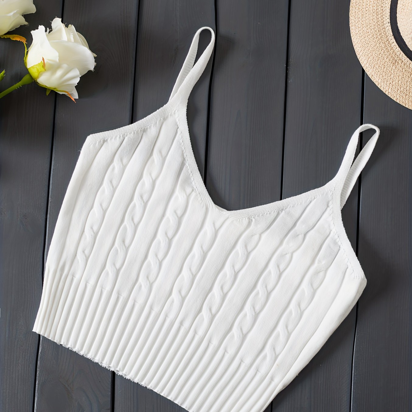 Effortless Cable Knit Tank for Women with V Neck Sleeveless Cropped Ribbed Casual Style