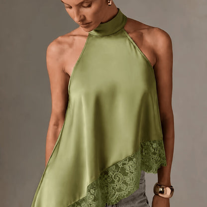 Elegant Satin Blouse for Women with Halter Neck Sleeveless Lace Trim Asymmetric Style