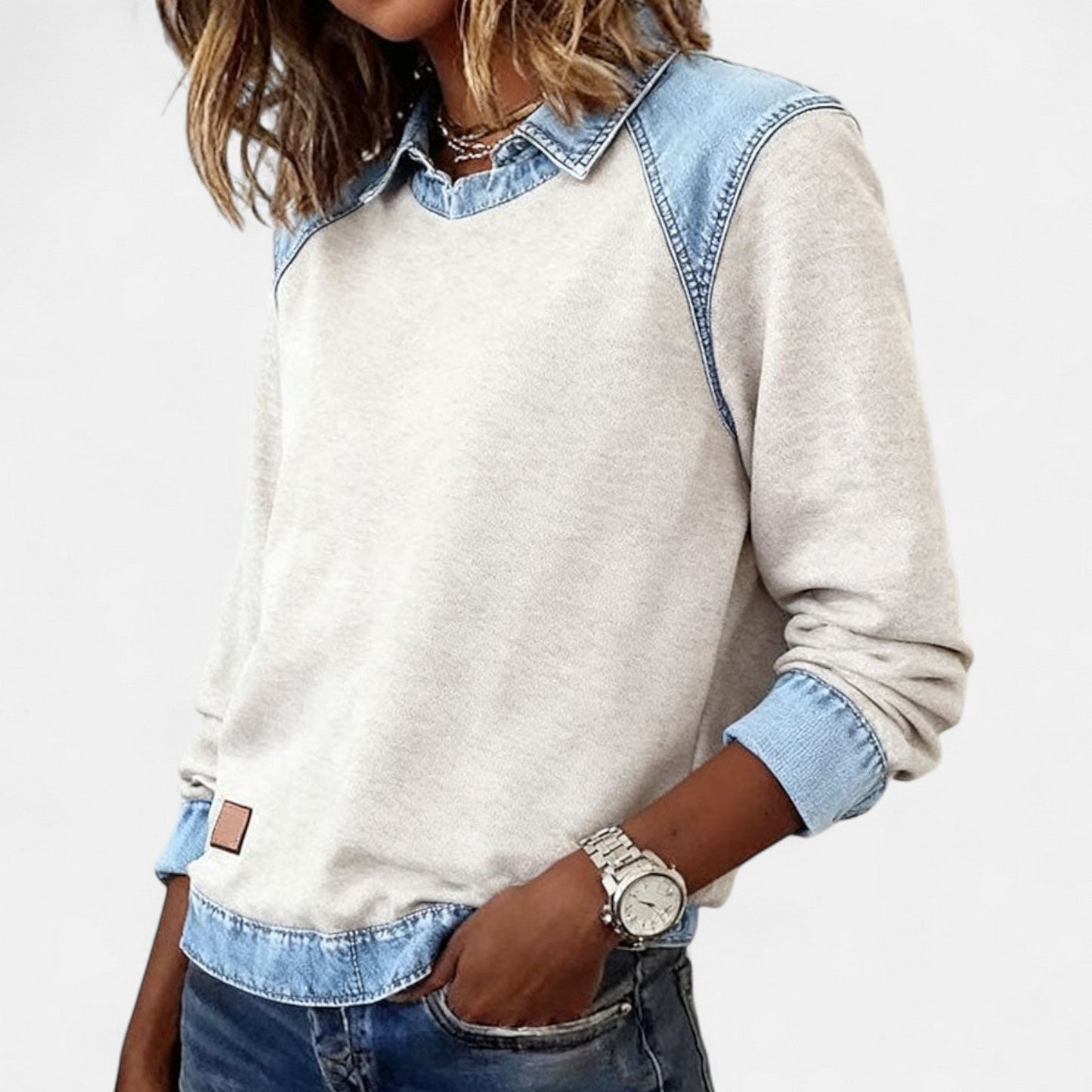 Effortless Denim Trim Sweatshirt for Women with Collar Long Sleeve Raglan Colorblock Casual Style