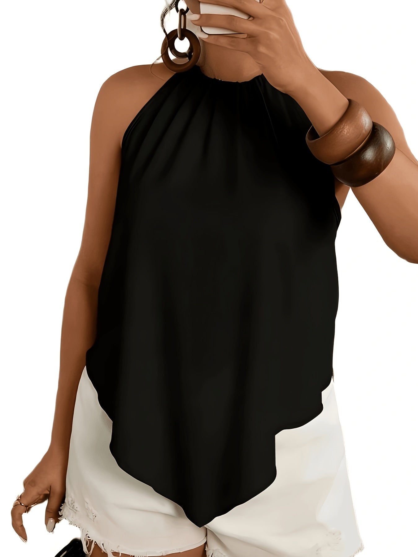 Effortless Colorblock Halter Top for Women with High Neck Sleeveless Pleated Flowing Style