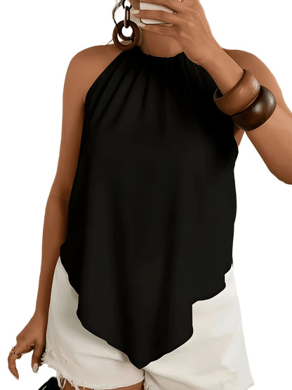 Effortless Colorblock Halter Top for Women with High Neck Sleeveless Pleated Flowing Style