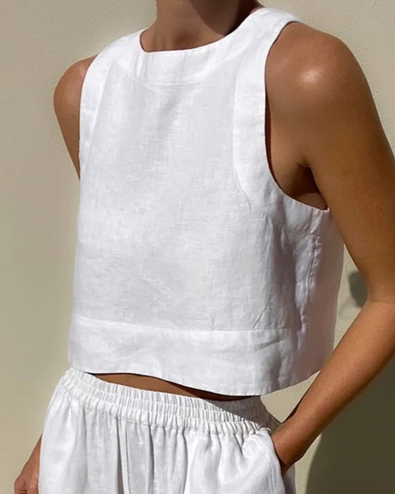 Effortless Linen Wide Leg Set for Women with Square Neck Sleeveless Relaxed Two Piece Style