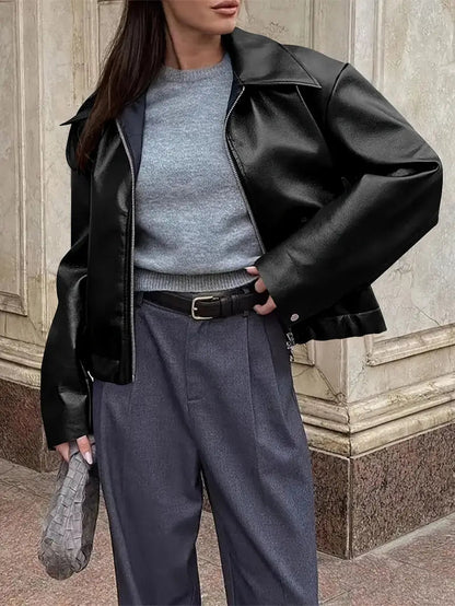 Effortless Faux Leather Jacket for Women with Collar Long Sleeve Zip Front Cropped Oversized Style