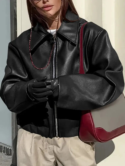 Effortless Faux Leather Jacket for Women with Collar Long Sleeve Zip Front Cropped Oversized Style