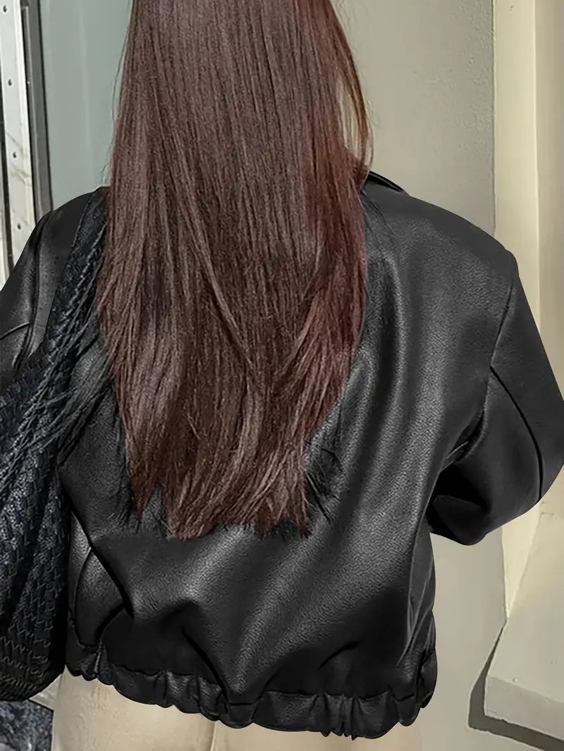 Effortless Faux Leather Jacket for Women with Collar Long Sleeve Zip Front Cropped Oversized Style