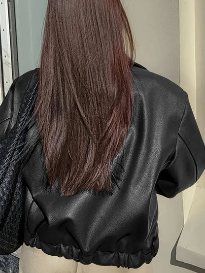 Effortless Faux Leather Jacket for Women with Collar Long Sleeve Zip Front Cropped Oversized Style