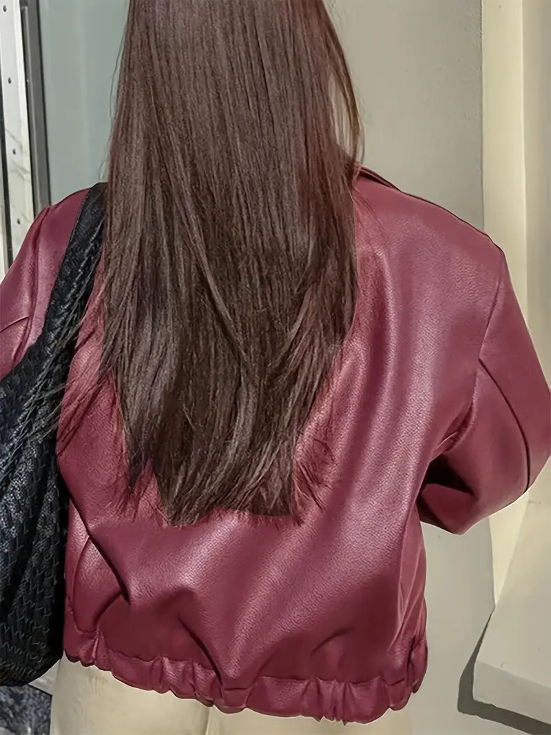 Effortless Faux Leather Jacket for Women with Collar Long Sleeve Zip Front Cropped Oversized Style