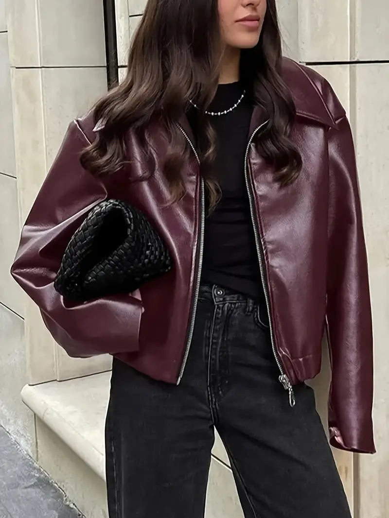Effortless Faux Leather Jacket for Women with Collar Long Sleeve Zip Front Cropped Oversized Style