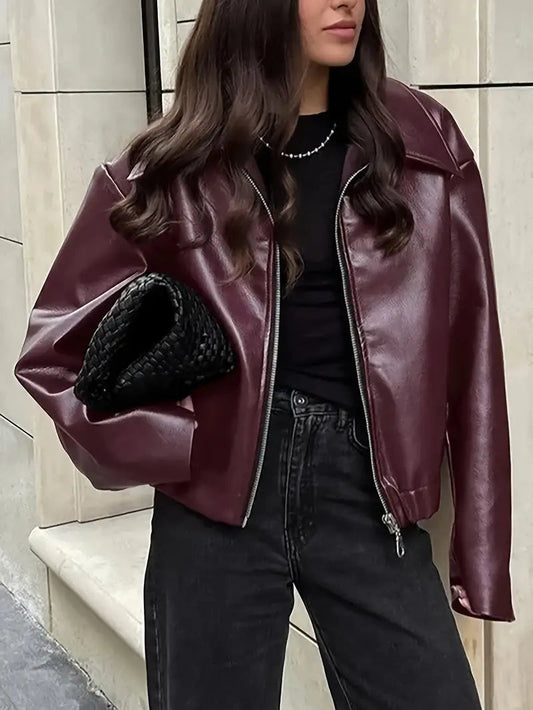 Effortless Faux Leather Jacket for Women with Collar Long Sleeve Zip Front Cropped Oversized Style