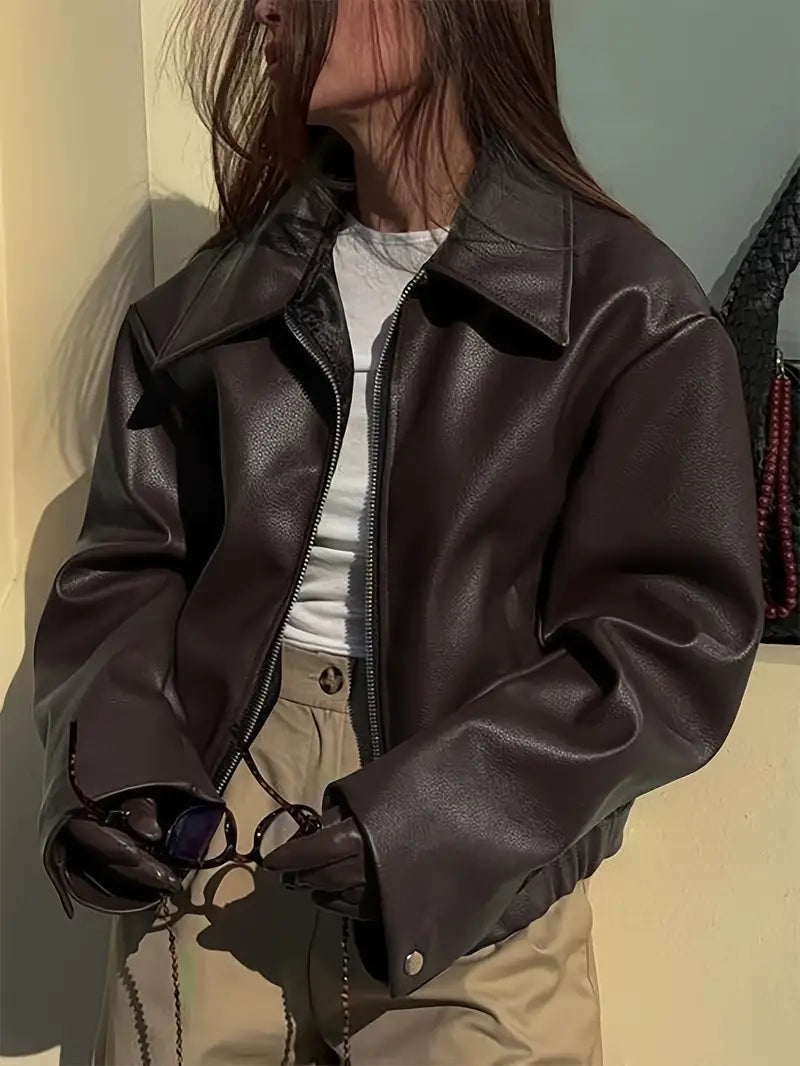 Effortless Faux Leather Jacket for Women with Collar Long Sleeve Zip Front Cropped Oversized Style