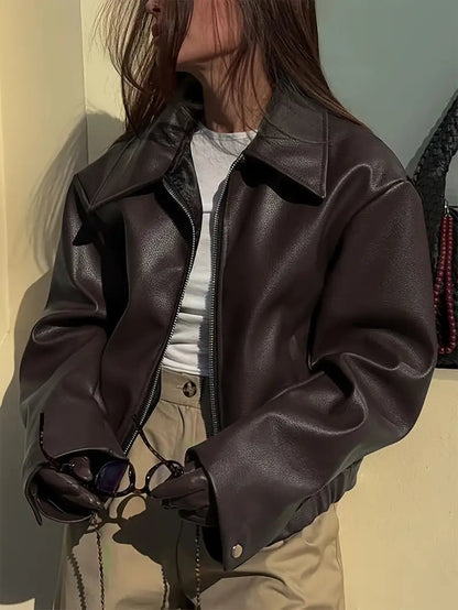 Effortless Faux Leather Jacket for Women with Collar Long Sleeve Zip Front Cropped Oversized Style