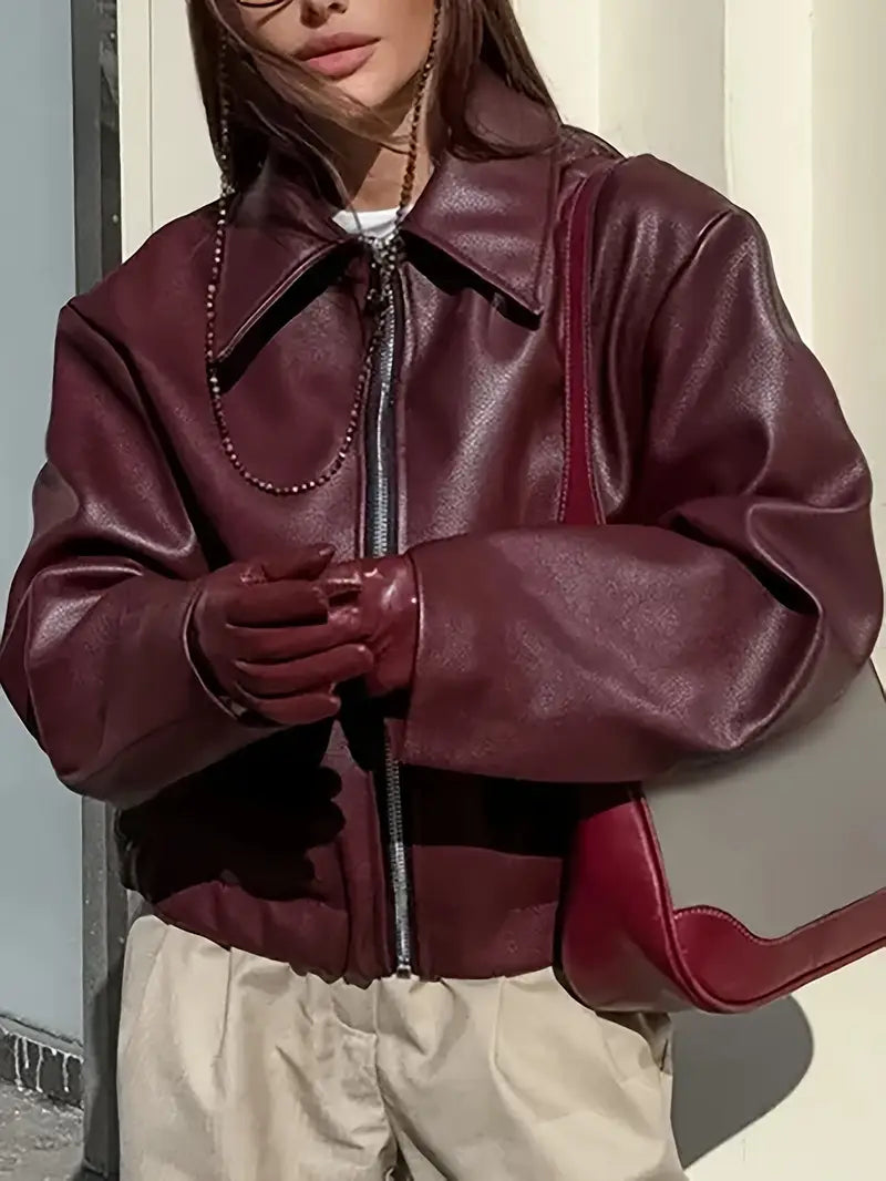 Effortless Faux Leather Jacket for Women with Collar Long Sleeve Zip Front Cropped Oversized Style
