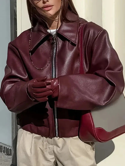 Effortless Faux Leather Jacket for Women with Collar Long Sleeve Zip Front Cropped Oversized Style
