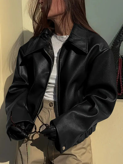 Effortless Faux Leather Jacket for Women with Collar Long Sleeve Zip Front Cropped Oversized Style