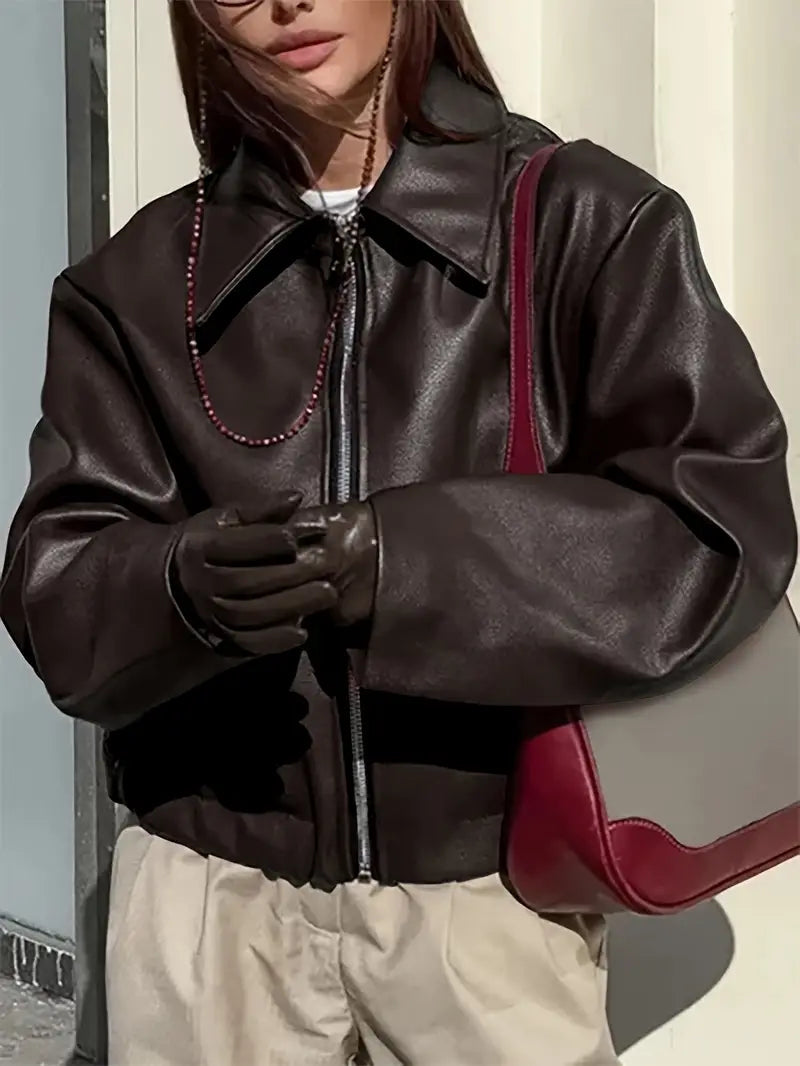 Effortless Faux Leather Jacket for Women with Collar Long Sleeve Zip Front Cropped Oversized Style