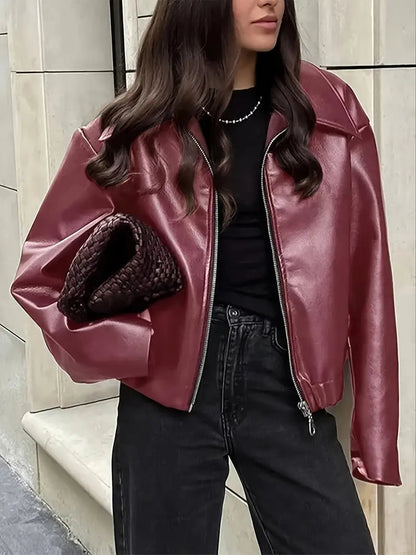 Effortless Faux Leather Jacket for Women with Collar Long Sleeve Zip Front Cropped Oversized Style