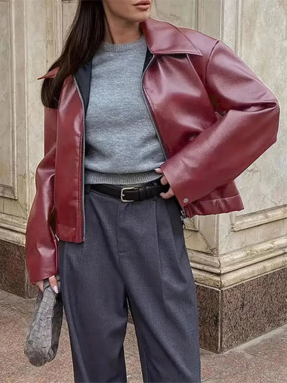 Effortless Faux Leather Jacket for Women with Collar Long Sleeve Zip Front Cropped Oversized Style