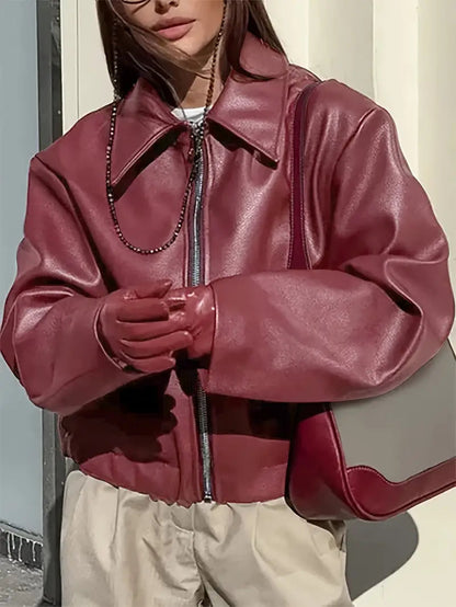 Effortless Faux Leather Jacket for Women with Collar Long Sleeve Zip Front Cropped Oversized Style