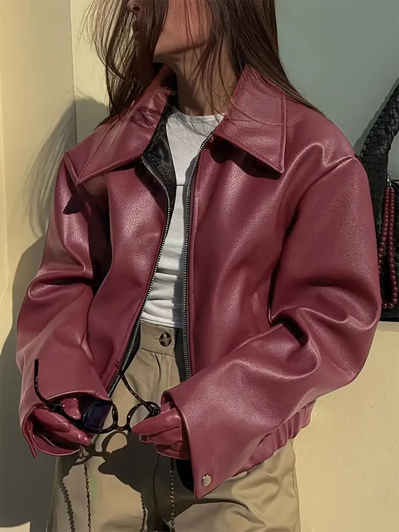 Effortless Faux Leather Jacket for Women with Collar Long Sleeve Zip Front Cropped Oversized Style
