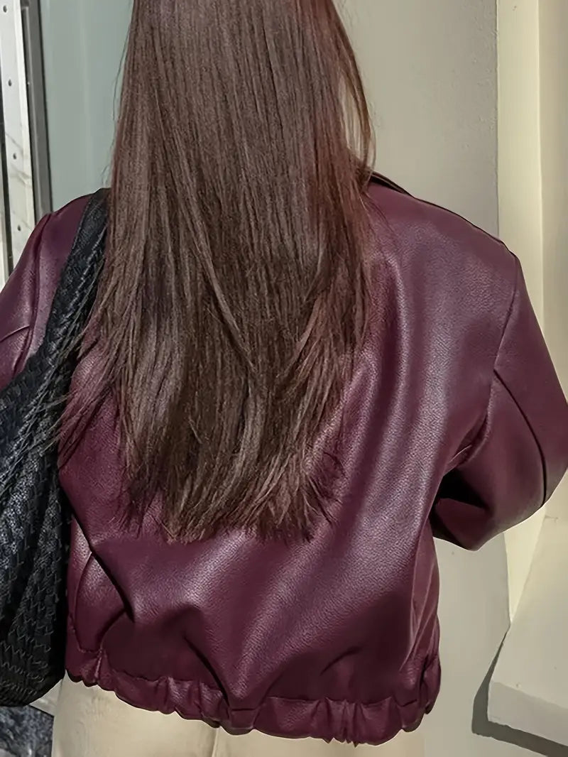 Effortless Faux Leather Jacket for Women with Collar Long Sleeve Zip Front Cropped Oversized Style