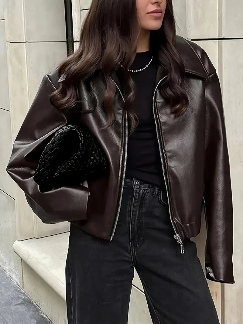 Effortless Faux Leather Jacket for Women with Collar Long Sleeve Zip Front Cropped Oversized Style
