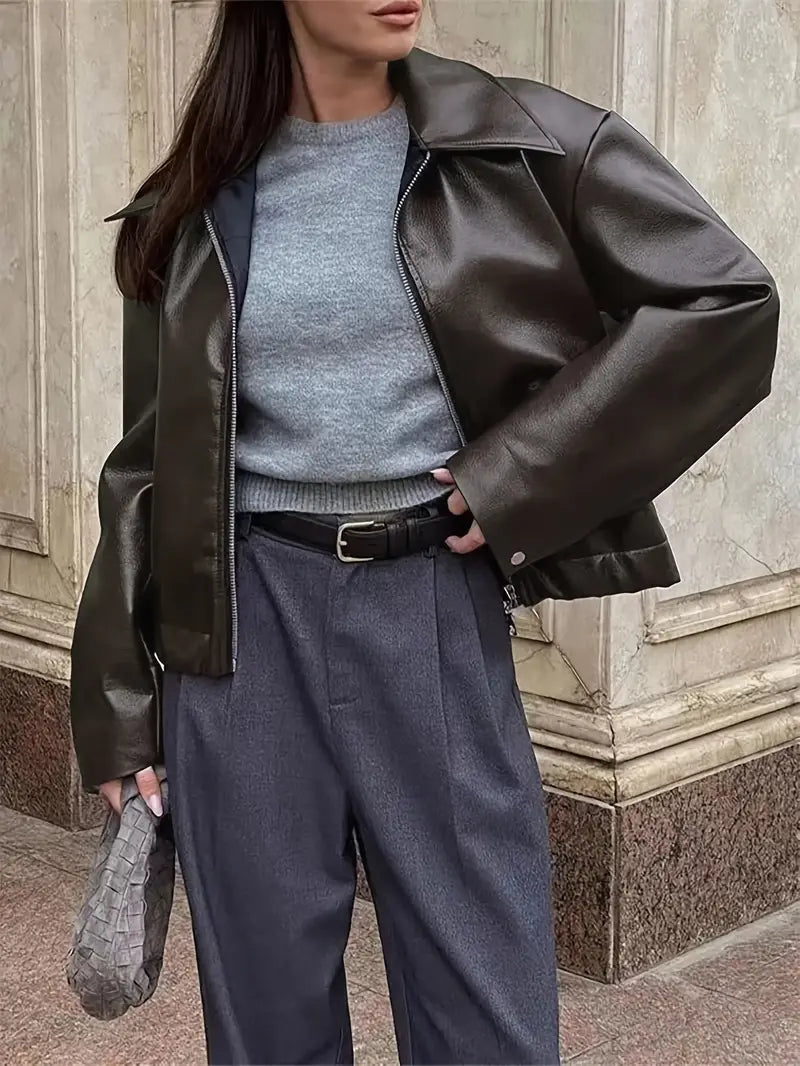 Effortless Faux Leather Jacket for Women with Collar Long Sleeve Zip Front Cropped Oversized Style