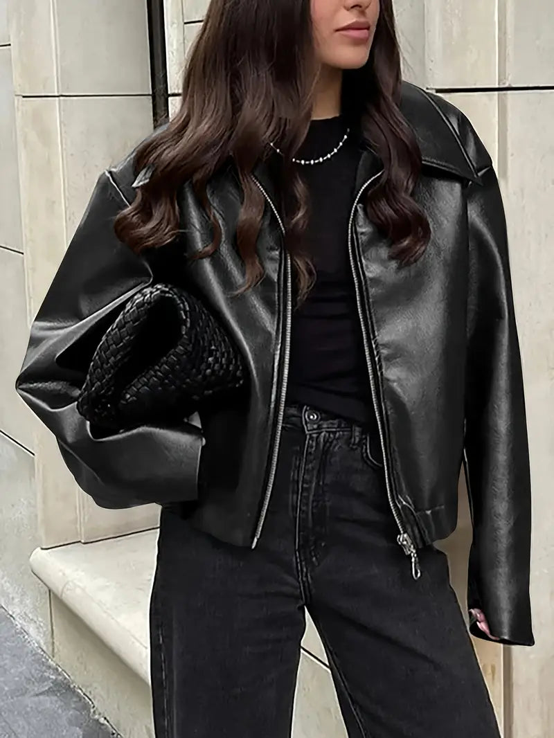 Effortless Faux Leather Jacket for Women with Collar Long Sleeve Zip Front Cropped Oversized Style