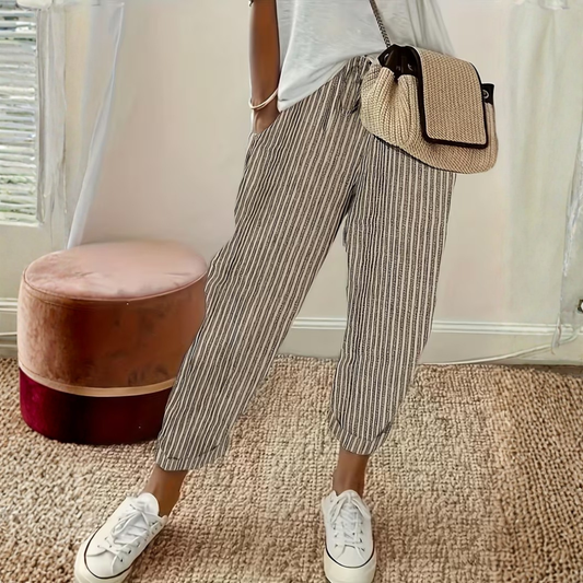 Effortless Striped Linen Pants for Women with High Waist Cuffed Tapered Relaxed Casual Style