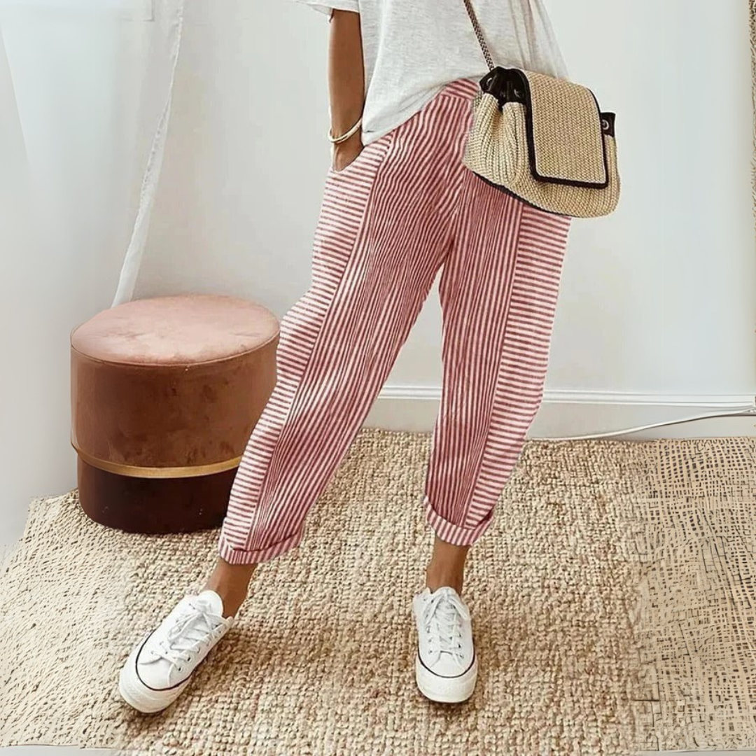 Effortless Striped Linen Pants for Women with High Waist Cuffed Tapered Relaxed Casual Style