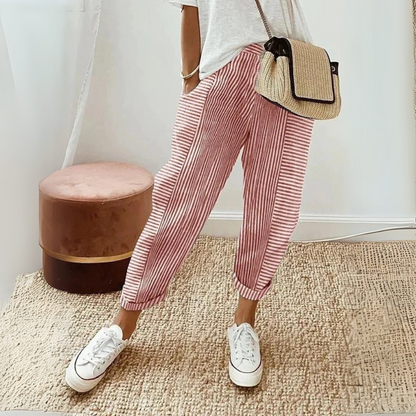 Effortless Striped Linen Pants for Women with High Waist Cuffed Tapered Relaxed Casual Style