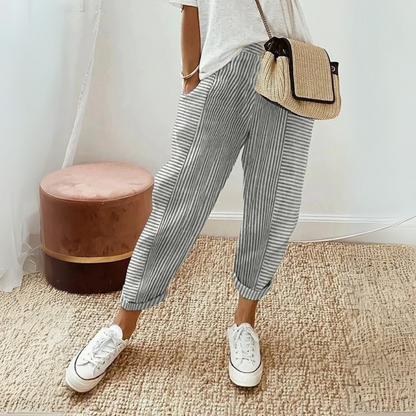 Effortless Striped Linen Pants for Women with High Waist Cuffed Tapered Relaxed Casual Style