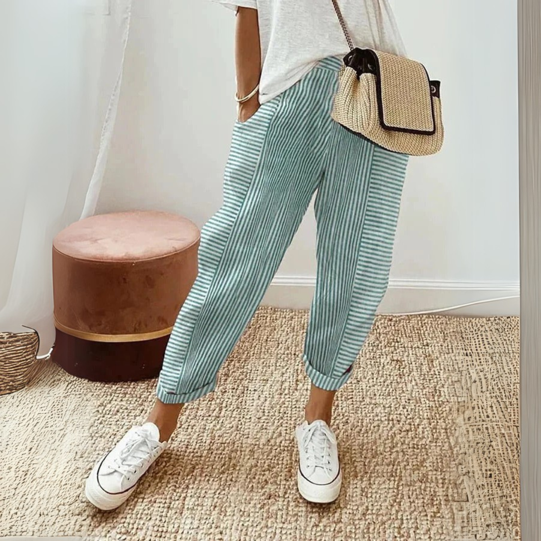 Effortless Striped Linen Pants for Women with High Waist Cuffed Tapered Relaxed Casual Style