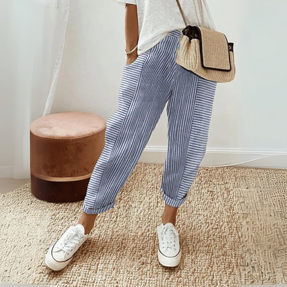 Effortless Striped Linen Pants for Women with High Waist Cuffed Tapered Relaxed Casual Style