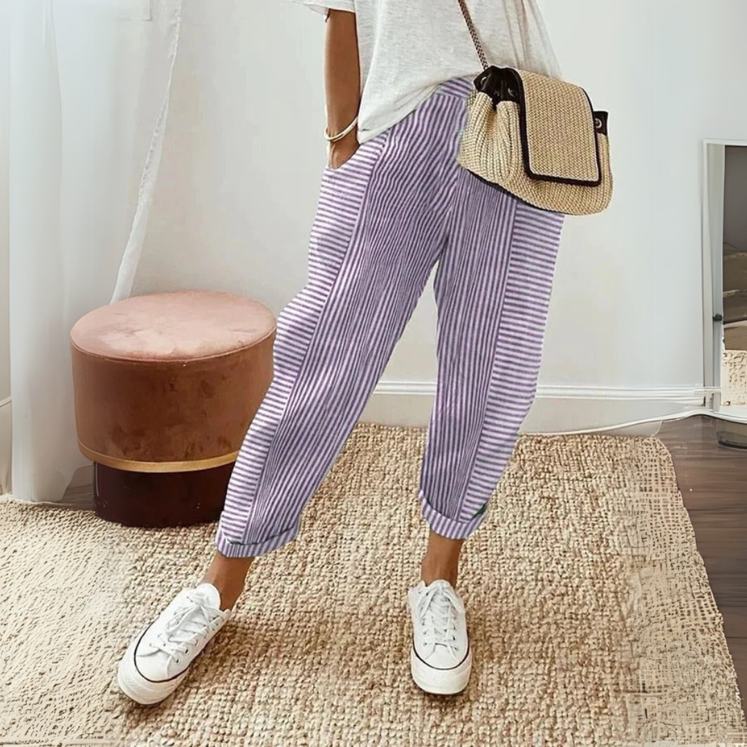 Effortless Striped Linen Pants for Women with High Waist Cuffed Tapered Relaxed Casual Style