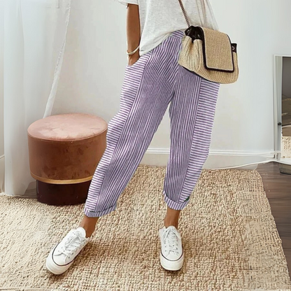 Effortless Striped Linen Pants for Women with High Waist Cuffed Tapered Relaxed Casual Style