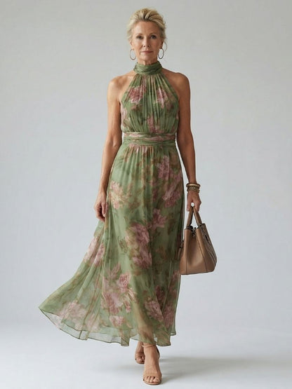 Elegant Sage Green Floral Maxi Dress for Women with Halter Neck Ruched Waist Flowing Wedding Guest Style