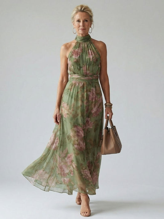 Elegant Sage Green Floral Maxi Dress for Women with Halter Neck Ruched Waist Flowing Wedding Guest Style