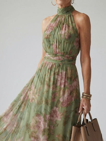 Elegant Sage Green Floral Maxi Dress for Women with Halter Neck Ruched Waist Flowing Wedding Guest Style