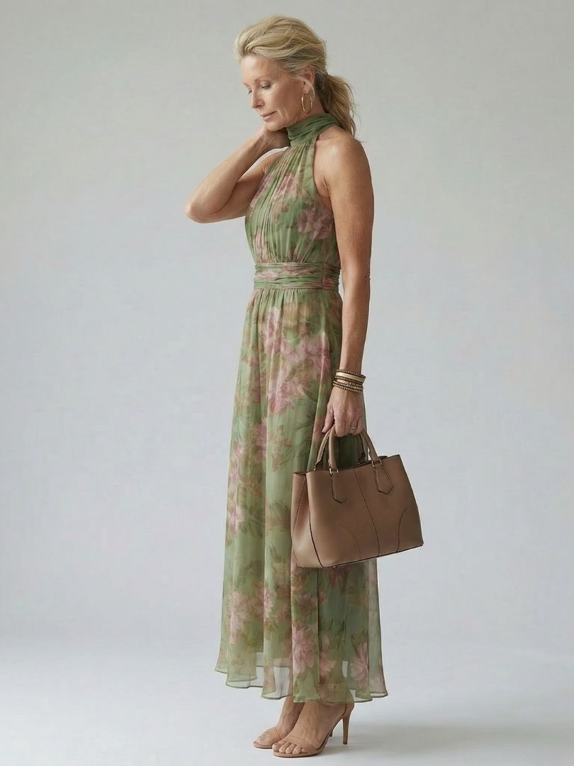 Elegant Sage Green Floral Maxi Dress for Women with Halter Neck Ruched Waist Flowing Wedding Guest Style